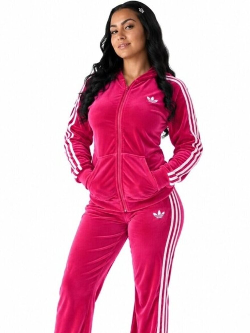 Pink Velour 3-Stripe Hooded Tracksuit Set XL